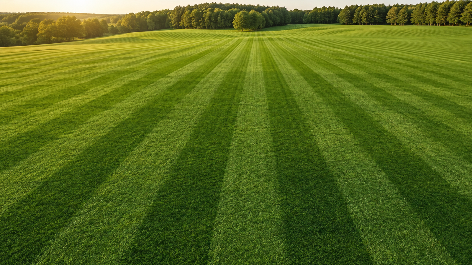 Cinematic aerial view of a pristine freshly mowed green lawn and pasture with crisp professional stripes